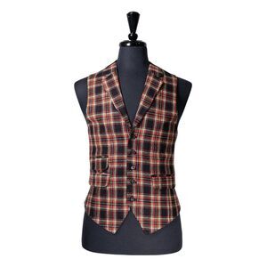 Mens Tartan Plaid Vest 40R Black Orange Wool Waistcoat Wedding Prom Formal Party
